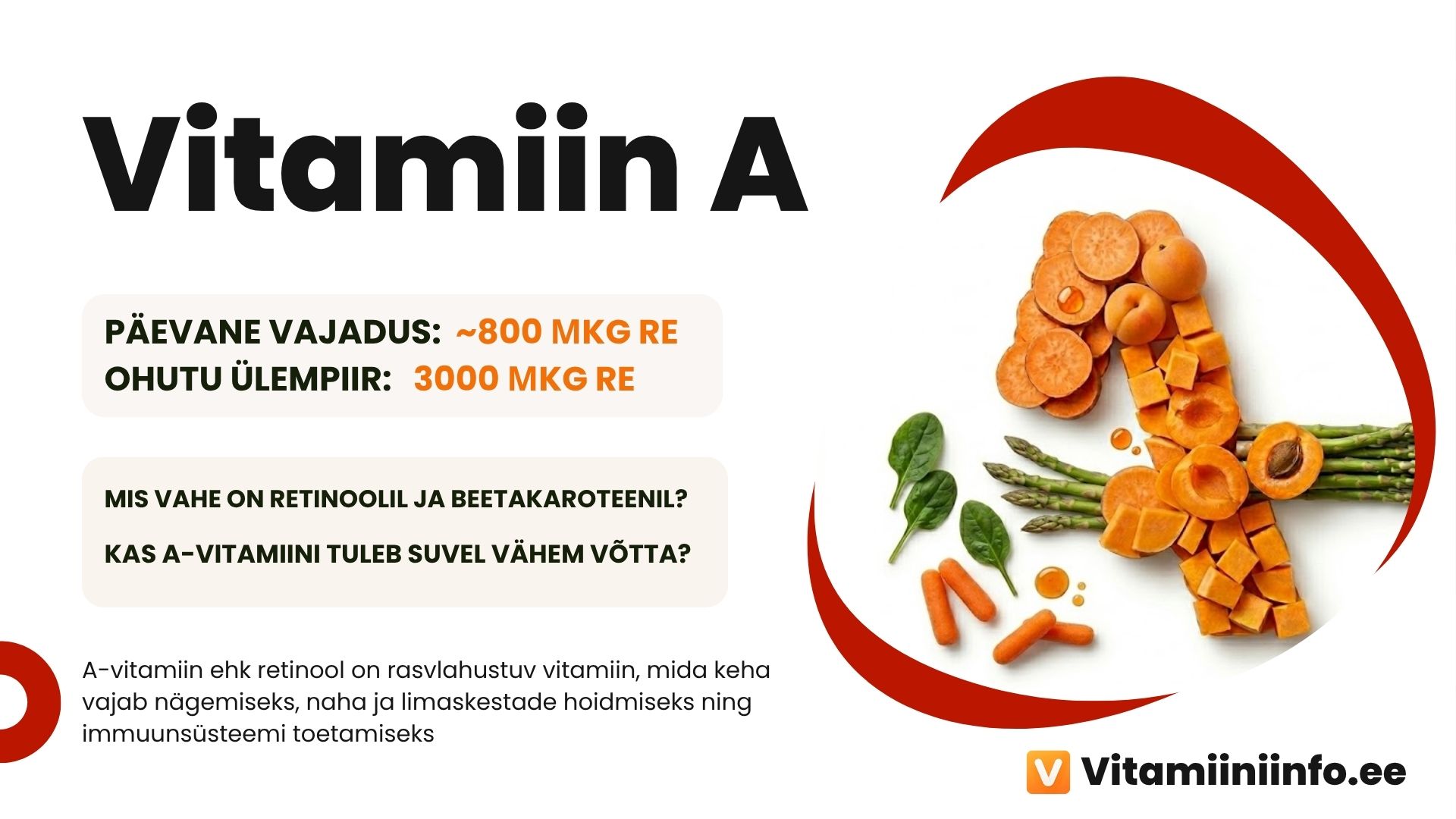A-vitamiini rikkad toidud – porgand, maks, spinat ja munad laual