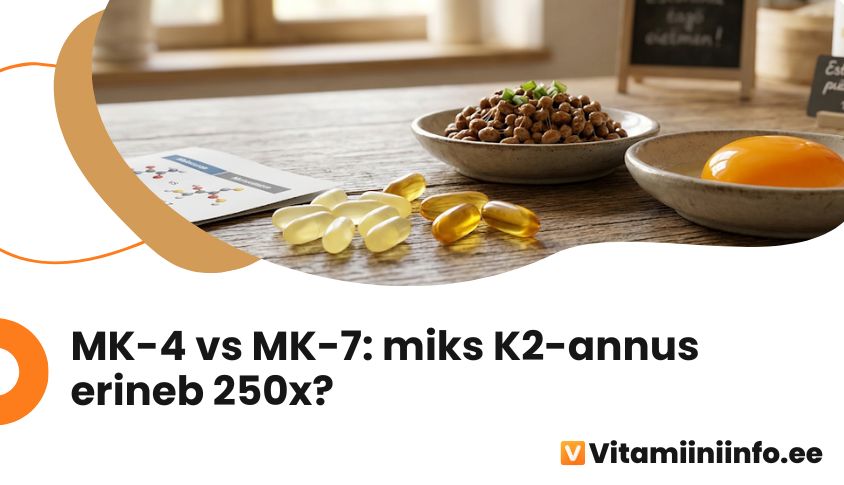 K2-vitamiini MK-7 ja MK-4 kapslid kõrvuti natto ja munakollasega